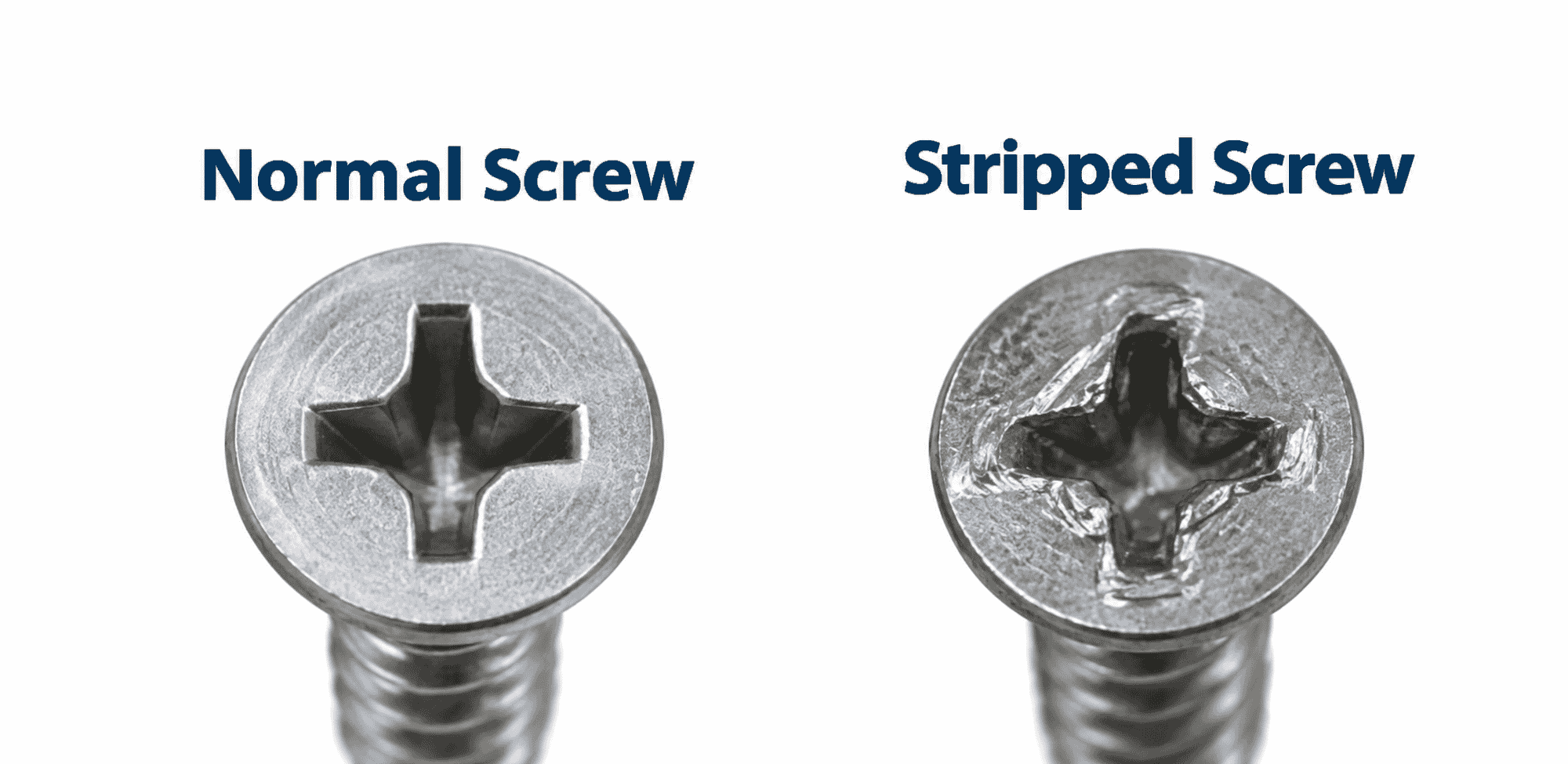 Normal screw and stripped screw shown side by side with labels