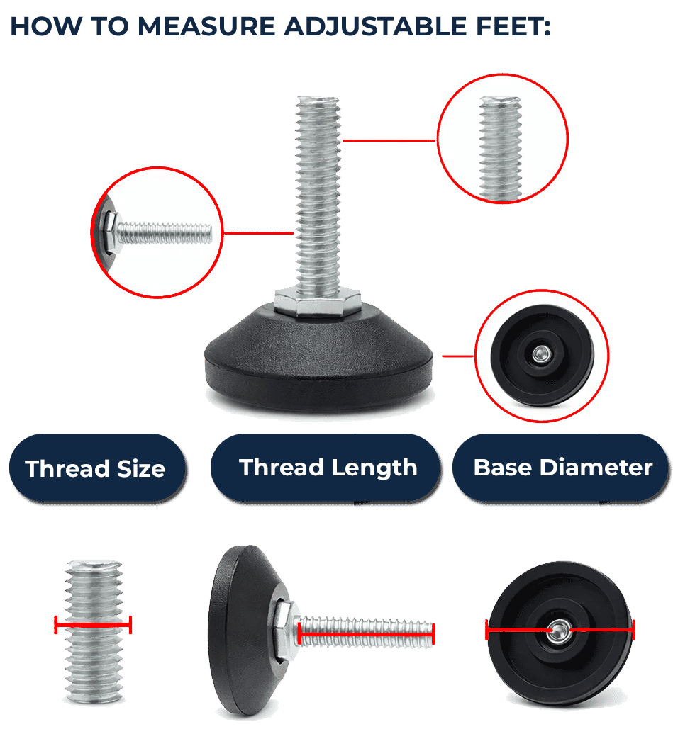 Diagram showing how to measure adjustable feet
