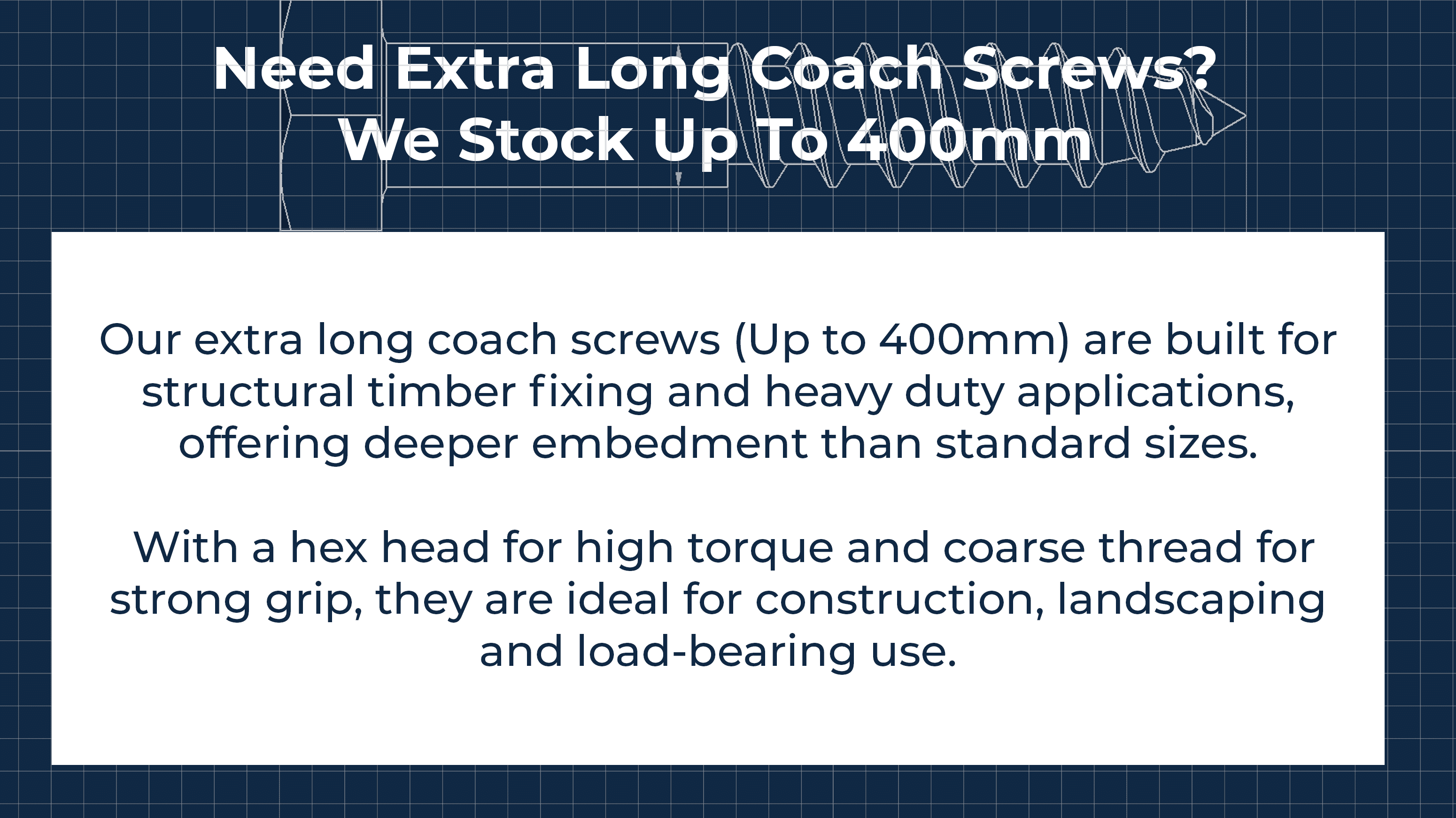 Extra long coach screws up to 400mm
