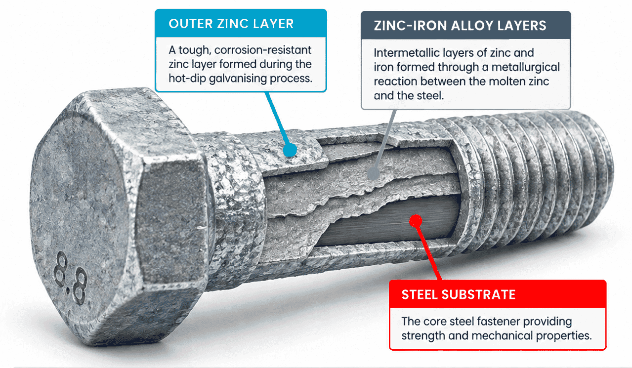 Anatomy of a hot-dip galvanised fastener showing zinc and steel layers