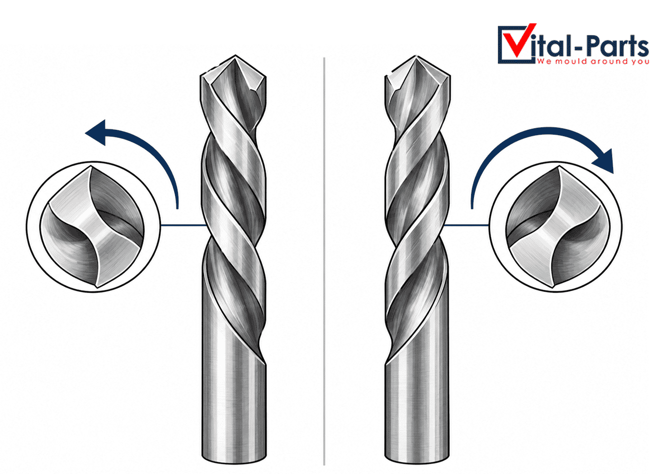Line drawing comparing a left-hand drill bit and a right-hand drill bit